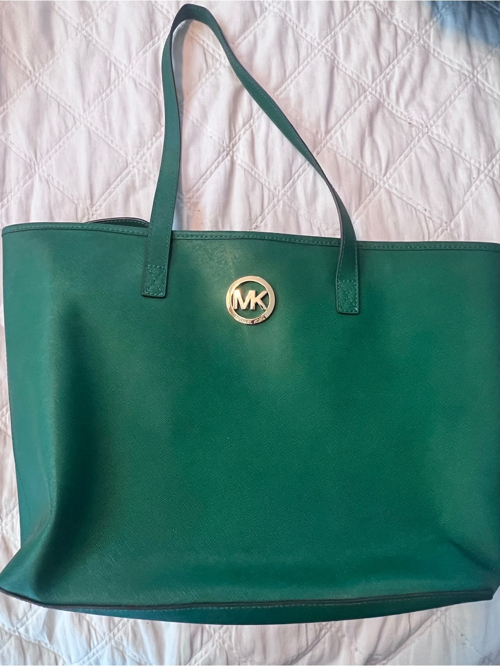 Michael Kors Green Leather Tote with Gold MK Emblem